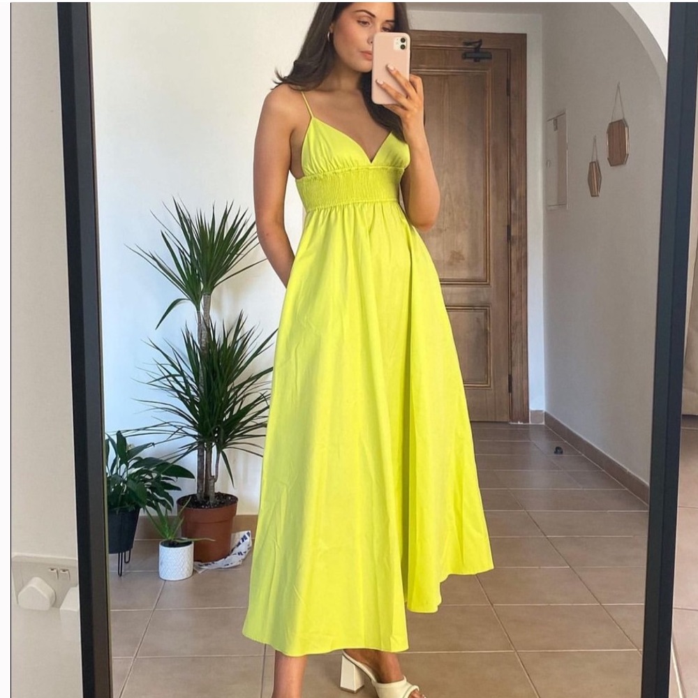 Zara | Dresses | Zara Neon Green Smocked Waist Poplin Aline